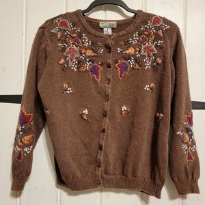 Vintage Embroidered Cardigan Brown Fall Leaf Floral Cottagecore Sweater Large
